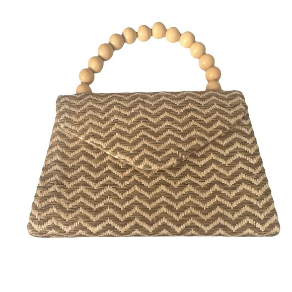 Chevron Straw Wooden Pearl Handle Purse - Picture 1 of 8